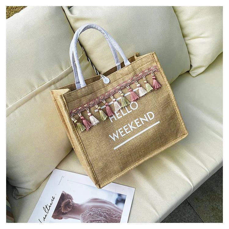 Casual Large Capacity Canvas Tote Bag Women's Handbag Korean Version Liner Tassel Letter Bag Fashionable Shoulder Bag