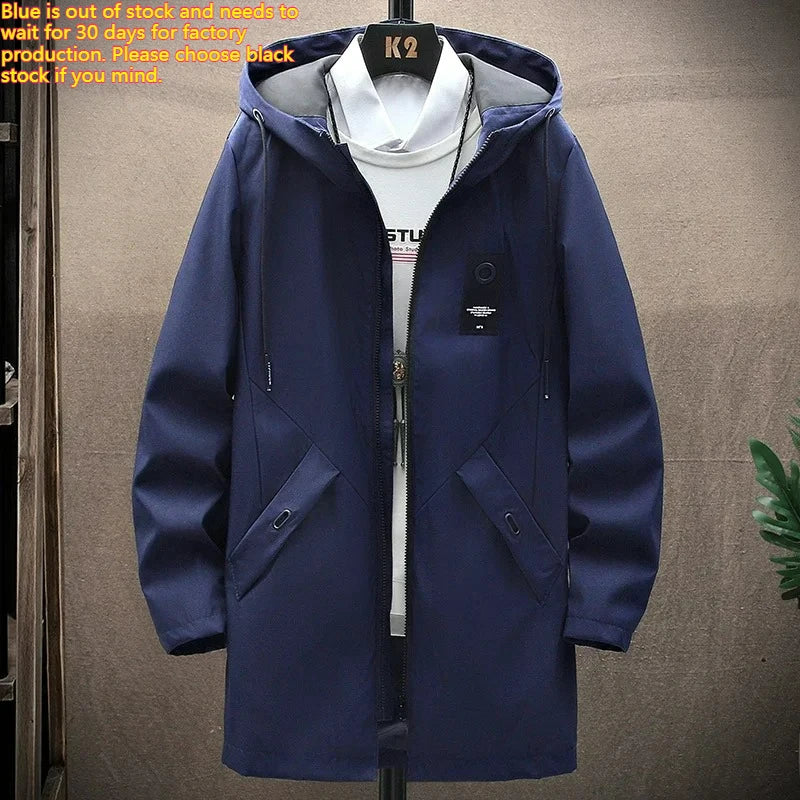 New Mens Casual Long Jackets Coats Hooded Streetwear Hip Hop Windbreaker Outwear Jacket Men Spring Autumn Mens Clothing 2024