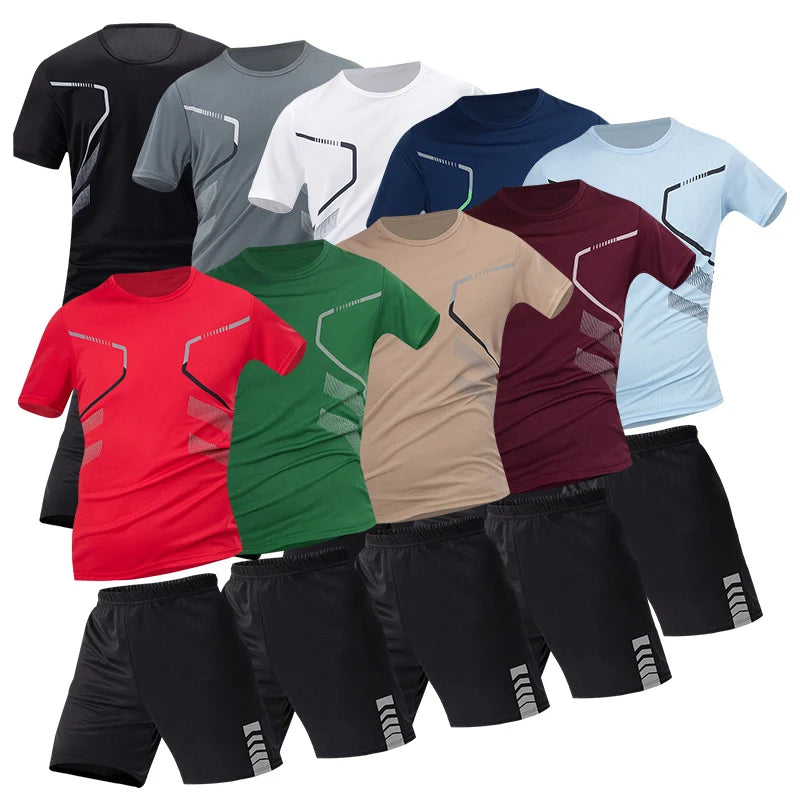 2/6pcs Men's Summer 7-color Quick Drying Casual Fashion Set Youth Loose Short sleeved T-shirt Black Sports Shorts Brother'Outfit