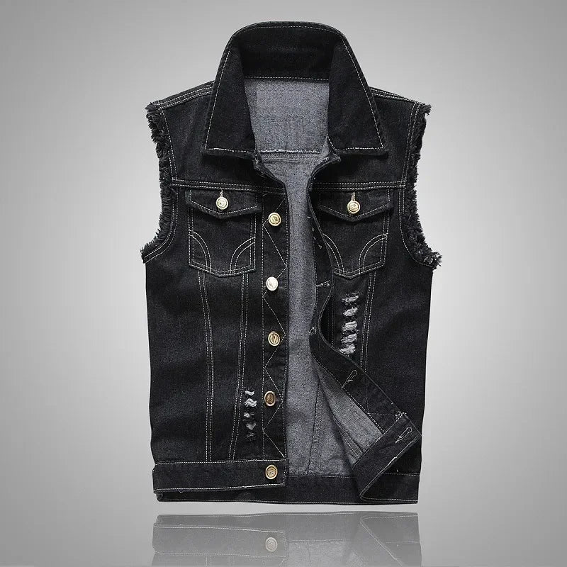 Summer Mens Ripped Denim Vest Male Tank Top Washed Jeans Waistcoat Man Retro Cowboy Hip Hop Sleeveless Jacket for Men