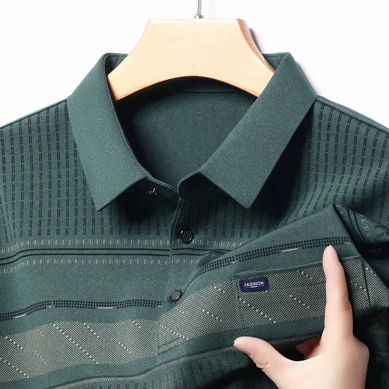 Spring Autumn Seasonal Tops Striped Polo Shirt Long Sleeve Loose Middle Aged and Elderly Men's Clothing