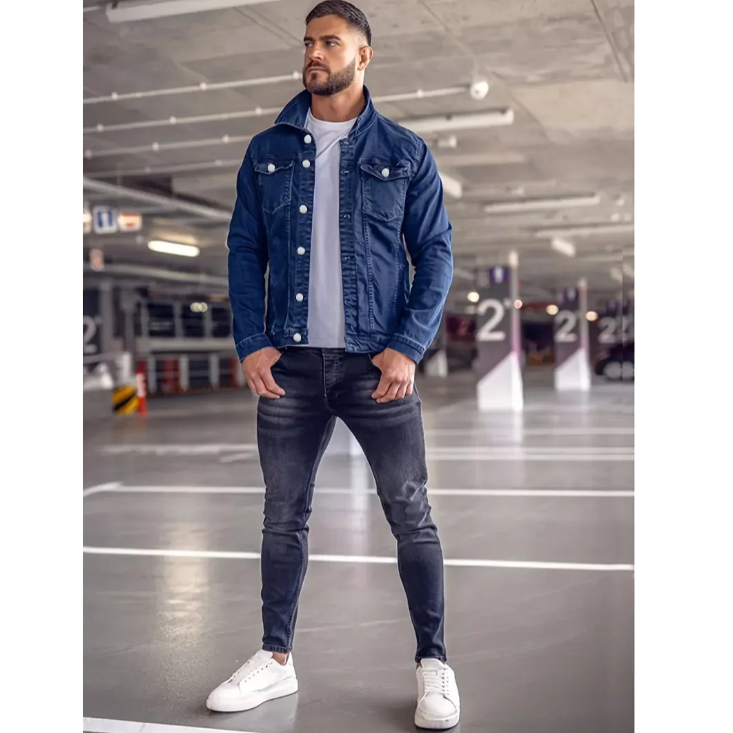 Mens Jackets Coat Classic Blue Denim Design With Multiple Pockets Long Sleeve Casual Style For Daily Use