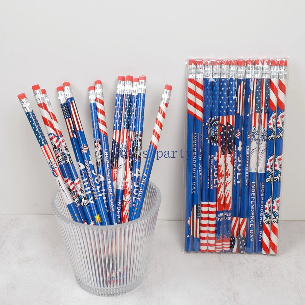 24Pcs Independence Day Theme HB Writing Painting for 4th of July American USA National Day Party Favors School Rewards