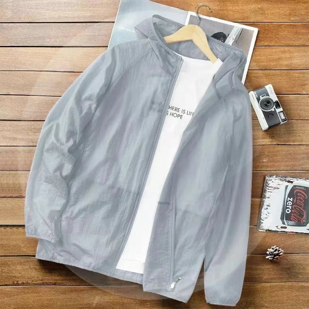 2026 Summer New Men Ice Silk Lightweight Breathable Sunscreen Clothes Outdoor Leisure Hooded Fishing Clothes Sports Jacket
