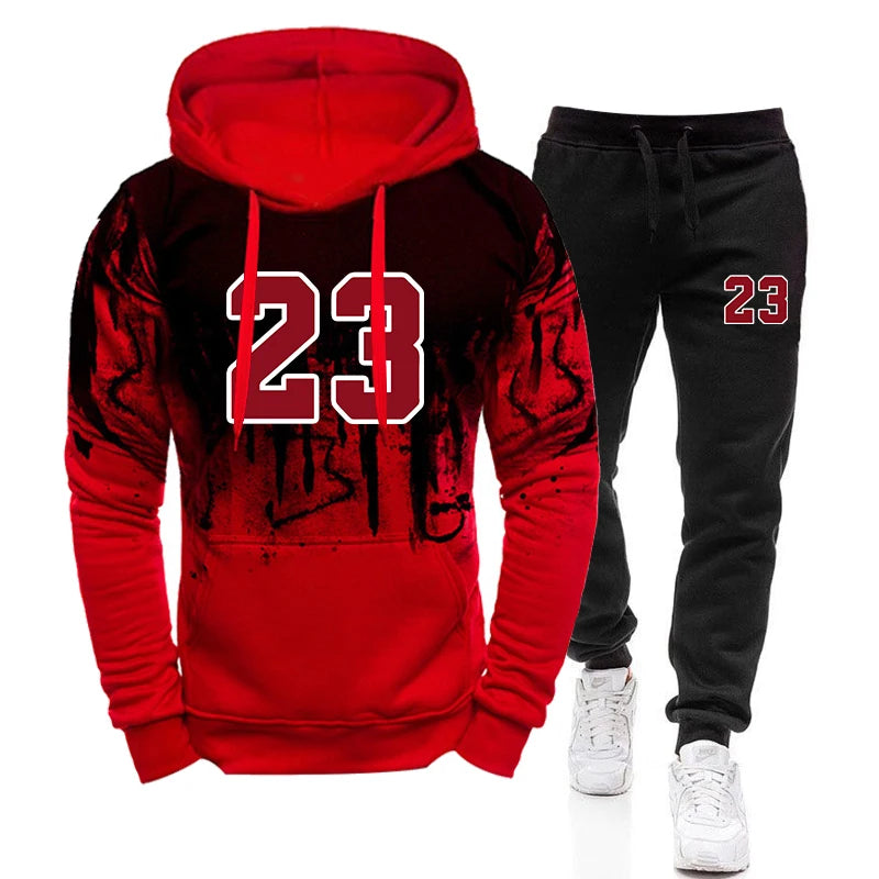 Men's Splash-Ink Print Tracksuit — Hooded Sweatshirt & Pants Jogging Set