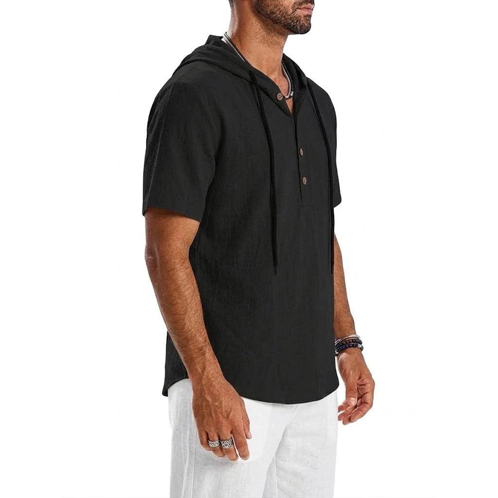 Summer Cotton Linen Shirts for Men Casual Shirts Lightweight Short Sleeve Button Beach Hooded Shirts Hawaiian T Shirts for Men
