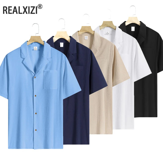 Summer Shirts for Men Casual Short Sleeved Shirts Breathable Solid Color Turn-Down Collar Formal Beach Shirts Male Clothing