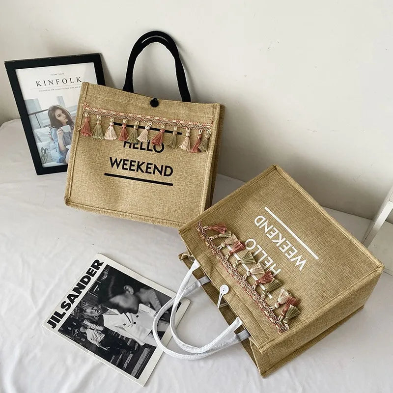 Casual Large Capacity Canvas Tote Bag Women's Handbag Korean Version Liner Tassel Letter Bag Fashionable Shoulder Bag