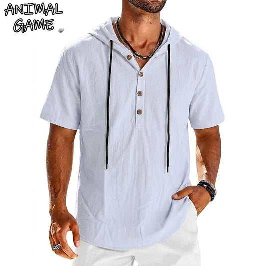 Summer Cotton Linen Shirts for Men Casual Shirts Lightweight Short Sleeve Button Beach Hooded Shirts Hawaiian T Shirts for Men