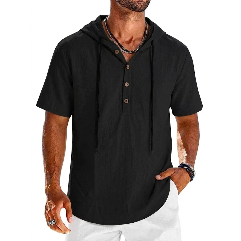Summer Cotton Linen Shirts for Men Casual Shirts Lightweight Short Sleeve Button Beach Hooded Shirts Hawaiian T Shirts for Men