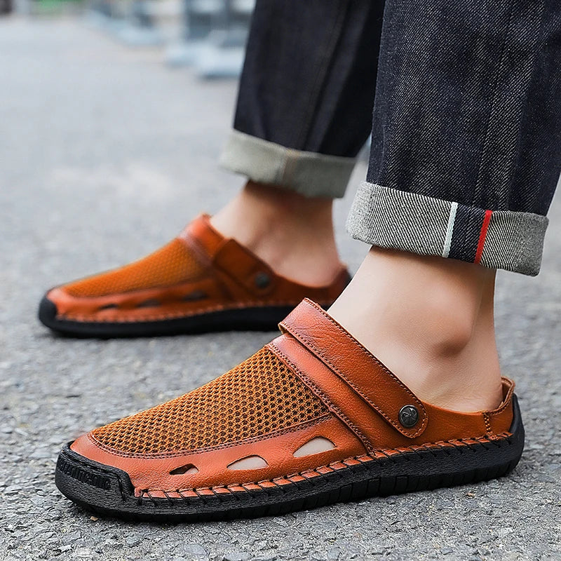 Summer Mens Casual Shoes Mesh Breathable Half Slippers Fashion Walking Sneakers Handmade Male Sandals Lightweight Non-slip Clogs