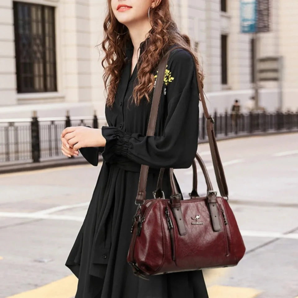 Daily Commuting Two Layers Casual Tote Hand Bags Top Quality Oil Leather Shoulder Crossbody Bags for Women Mother's Handbags