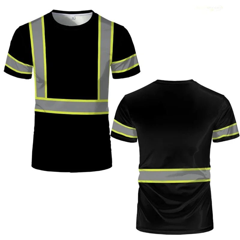 Simple striped safety work T-shirt summer casual short sleeved 3D printed round neck T-shirt top