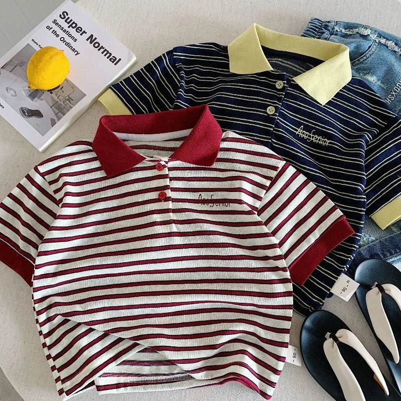 Kids Striped Polo Shirt 2026 Summer Casual Short Sleeve Polo Tee for Boys Letter Embroidery Tops for Girls Children Outfits