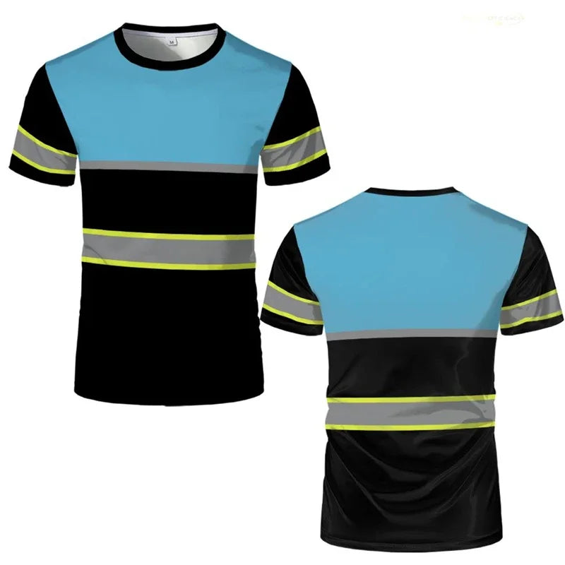 Simple striped safety work T-shirt summer casual short sleeved 3D printed round neck T-shirt top