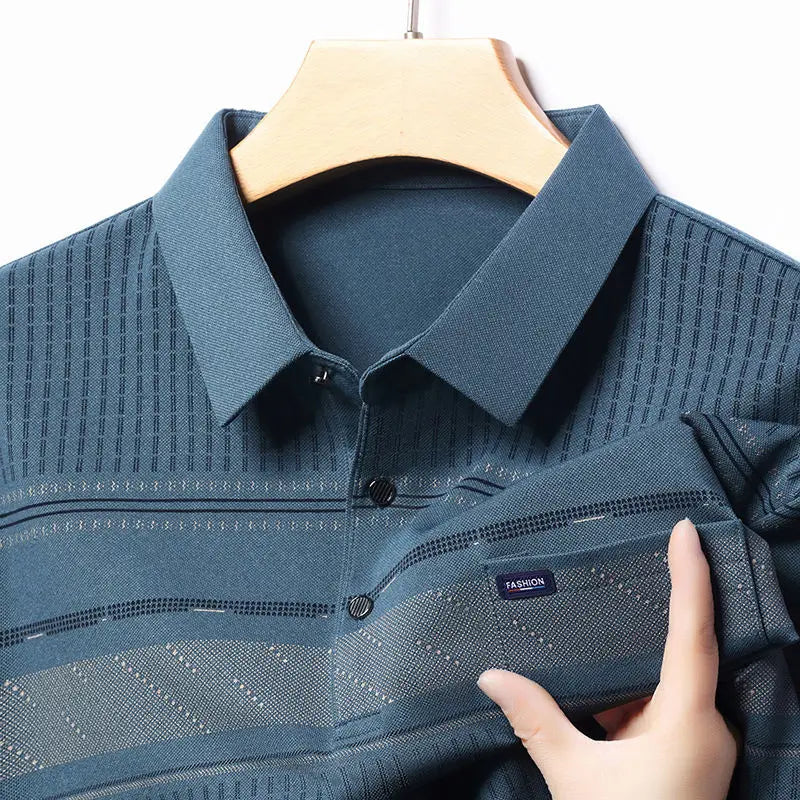Spring Autumn Seasonal Tops Striped Polo Shirt Long Sleeve Loose Middle Aged and Elderly Men's Clothing