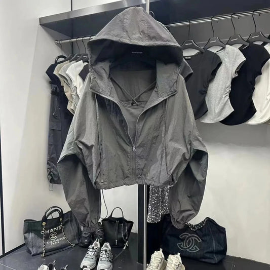 Summer Women Thin Jacket 2025 New Casual Short Jacket Top Loose Breathable Drawstring windbreaker Hooded Sun Protection Clothes