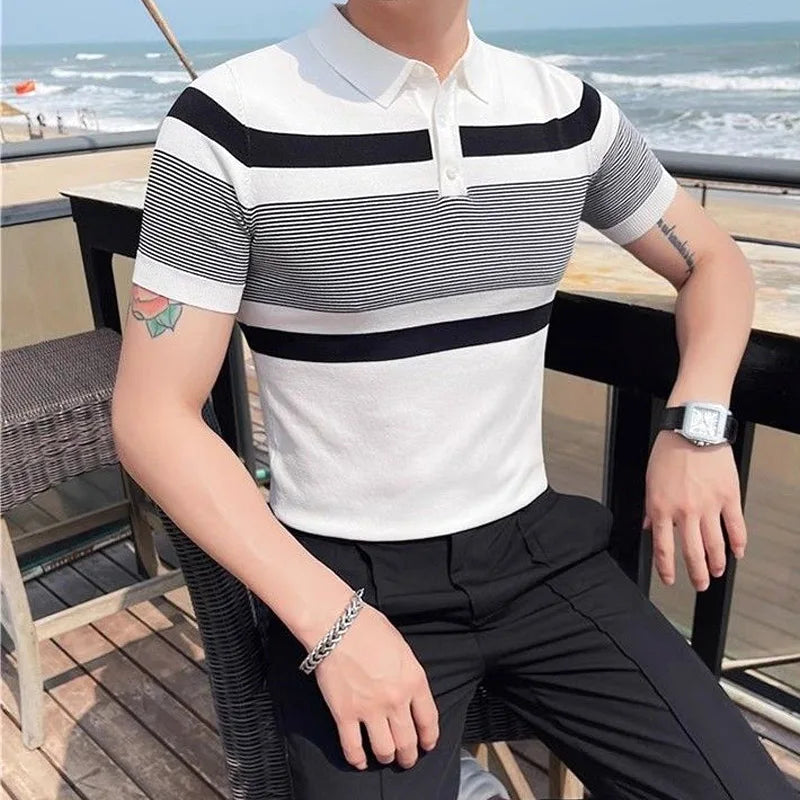 Men's Clothing American New Arrival Summer Striped Polo Shirt Sporty Trendy Versatile Stylish Short Sleeve T-Shirt Collared