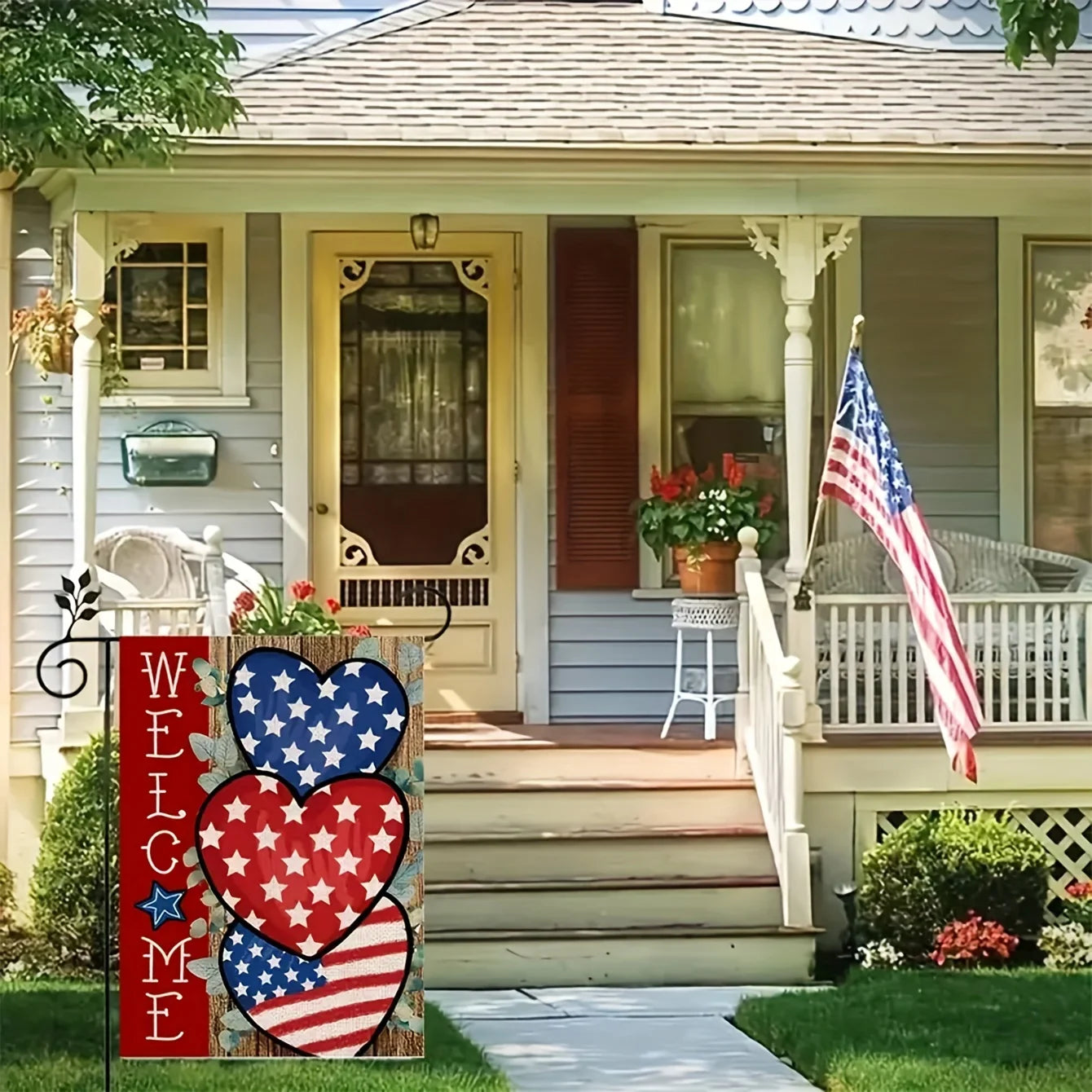 Welcome America 4th of July Garden Flag Double Sided USA Memorial Day Independence Day Patriotic Hearts Star Yard Flag