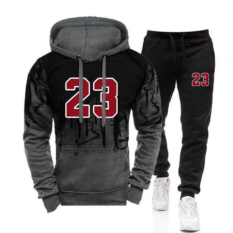 Men's Splash-Ink Print Tracksuit — Hooded Sweatshirt & Pants Jogging Set