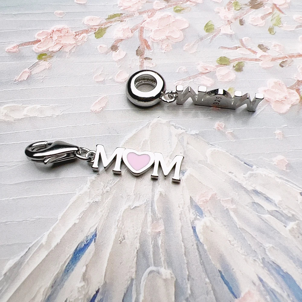 Mom with Pink Heart Charm Pendant Women Winter Pure 925 Sterling Silver Fashion Jewelry Accessories Mother’s Day Gift