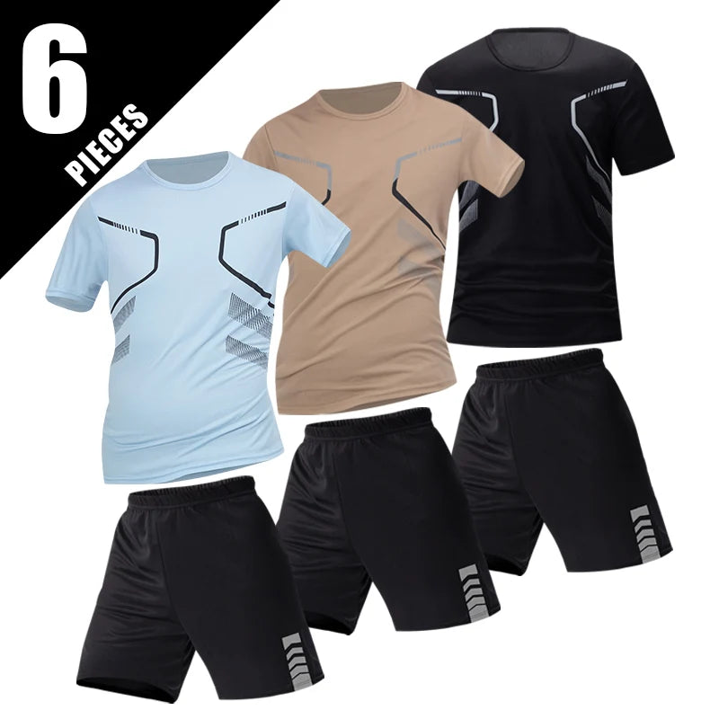 2/6pcs Men's Summer 7-color Quick Drying Casual Fashion Set Youth Loose Short sleeved T-shirt Black Sports Shorts Brother'Outfit