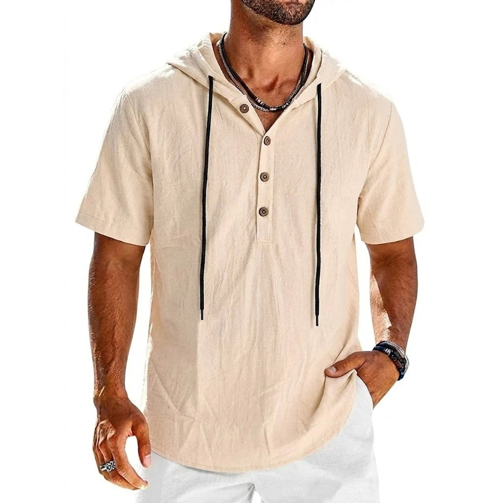 Summer Cotton Linen Shirts for Men Casual Shirts Lightweight Short Sleeve Button Beach Hooded Shirts Hawaiian T Shirts for Men