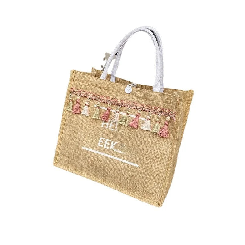 Casual Large Capacity Canvas Tote Bag Women's Handbag Korean Version Liner Tassel Letter Bag Fashionable Shoulder Bag