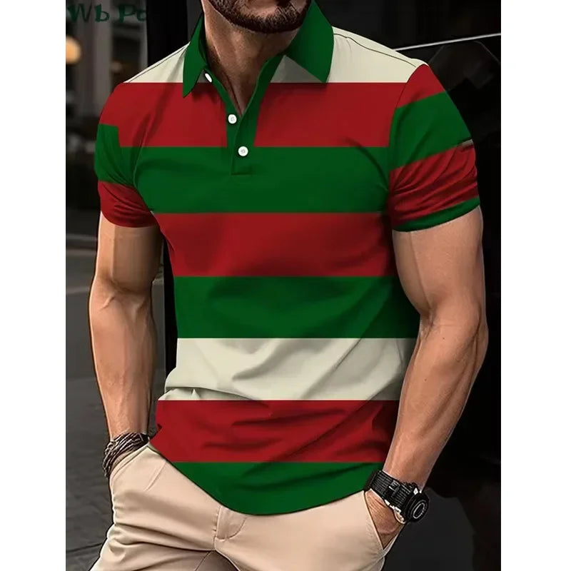 Striped Printed Men's Shirt, Men's Polo Street Men's Clothing, Loose Men's Polo Shirt