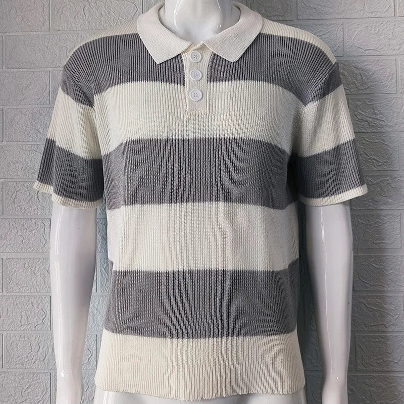Men's White & Gray Striped Knit Polo Shirt Short Sleeve Casual Breathable Daily Summer Top