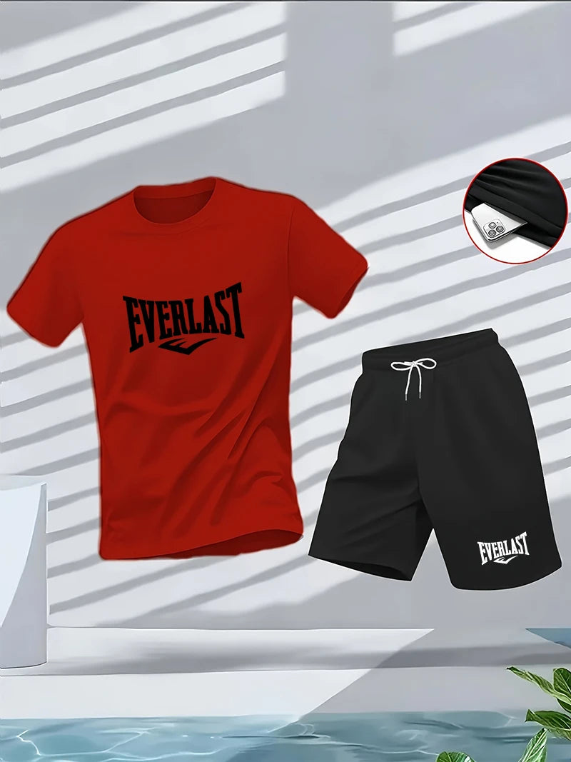 Summer men's set: Round-neck short-sleeved T-shirt, five-inch shorts, fashionable, casual, fitness, and slimming two-piece outdo