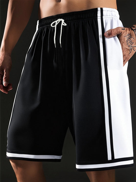 Men's summer shorts with black and white color-blocking, slightly elastic, loose, breathable, and casual sports shorts.