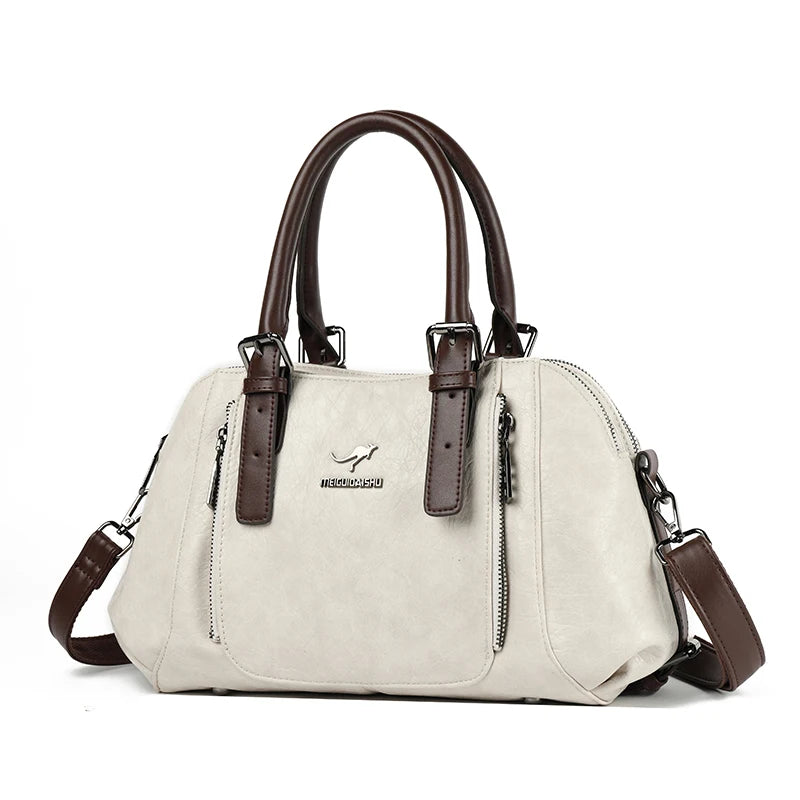 Daily Commuting Two Layers Casual Tote Hand Bags Top Quality Oil Leather Shoulder Crossbody Bags for Women Mother's Handbags