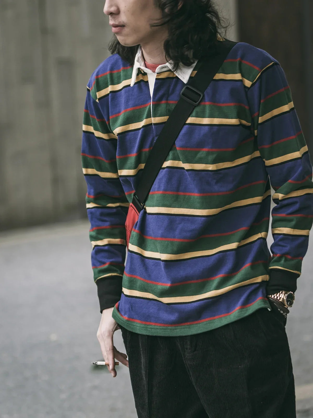 Non Stock Ivy League Fashion Striped Polo Shirt Retro Preppy Style Men's Long-Sleeve Tee