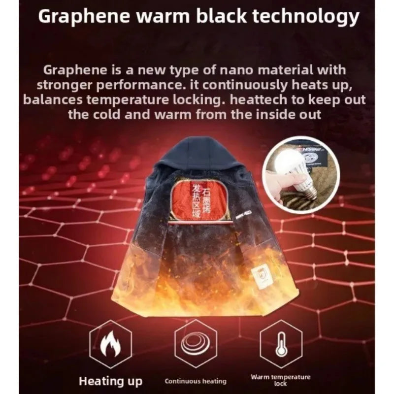 Autunm Winter Fleece Graphene Self-heating Jackets Men Thicken Warm Hooded Windproof Outdoor Hiking Thermal Cardigan Jacket Man