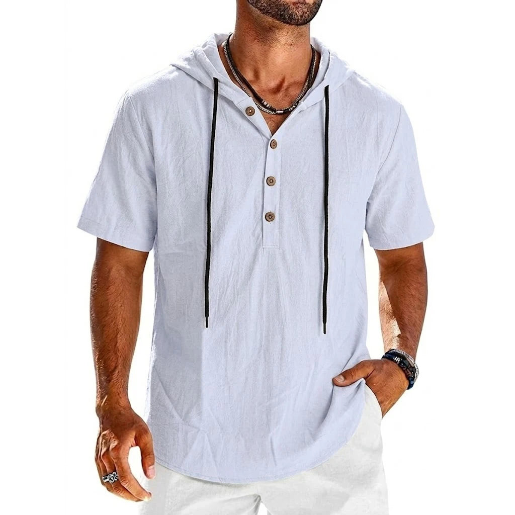 Summer Cotton Linen Shirts for Men Casual Shirts Lightweight Short Sleeve Button Beach Hooded Shirts Hawaiian T Shirts for Men