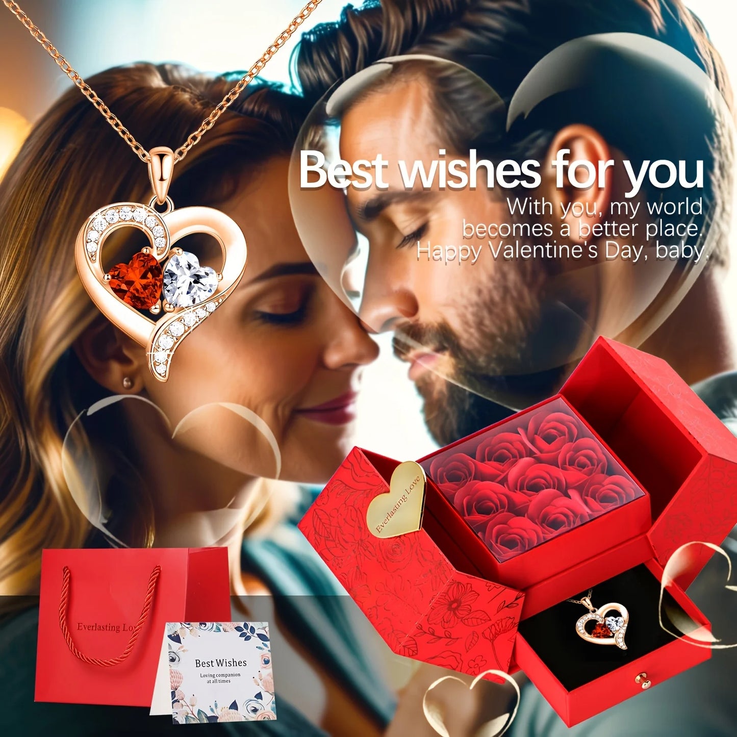 Elegant Red Heart Pendant Necklace with Rose Gift Box - Romantic Valentine’s Day, Birthday, or Mother’s Day Gift for Wife, Mom