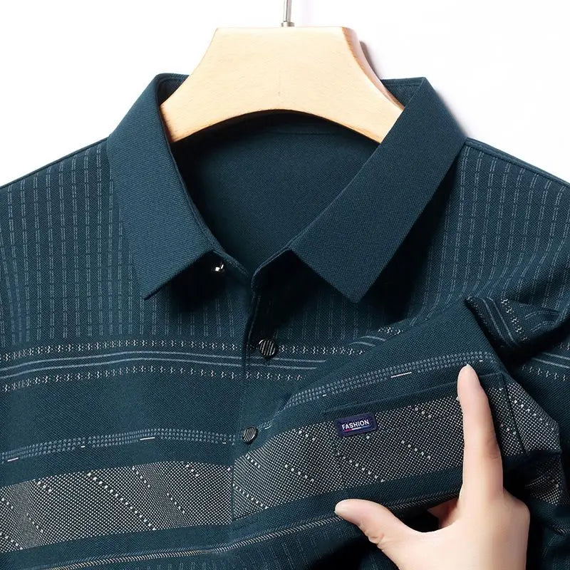 Spring Autumn Seasonal Tops Striped Polo Shirt Long Sleeve Loose Middle Aged and Elderly Men's Clothing