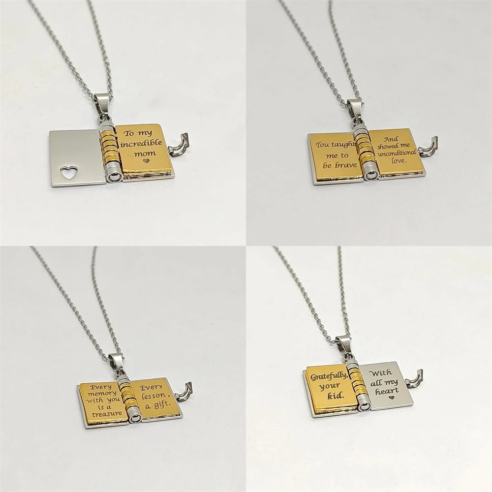 Mother’s Day Gift Best Mom Ever Book Necklace Stainless Steel Engraved Book Locket Necklaces Women Daughter Present for Mom