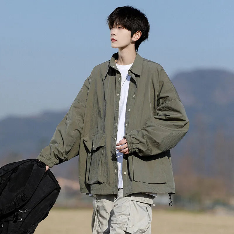 Mens Lightweight Jacket Spring Summer Two Large Pockets Loose Fit Plus Size Casual Comfort Breathable Fabric Sun protection Coat