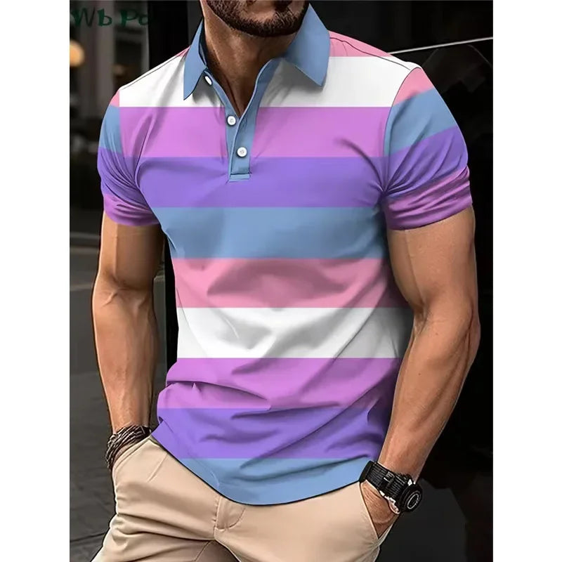 Striped Printed Men's Shirt, Men's Polo Street Men's Clothing, Loose Men's Polo Shirt