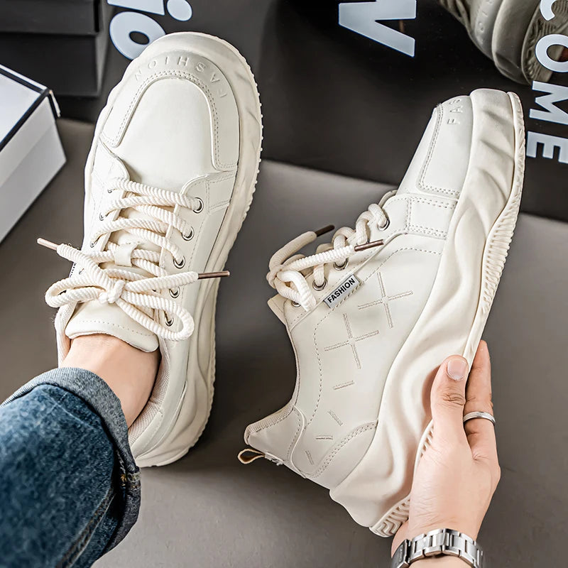 Mens Board Shoes Fashion Leather Comfortable Soft Sole Daily Commuting Sneakers Youth Flat Casual Walking Shoes for Men