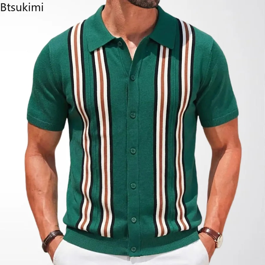 Summer Men Clothing High-end Business Casual Knitted Polo Shirt British Breathable Short Sleeve Jacquard Knit Cardigan Male Tops