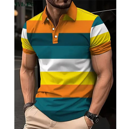 Striped Printed Men's Shirt, Men's Polo Street Men's Clothing, Loose Men's Polo Shirt