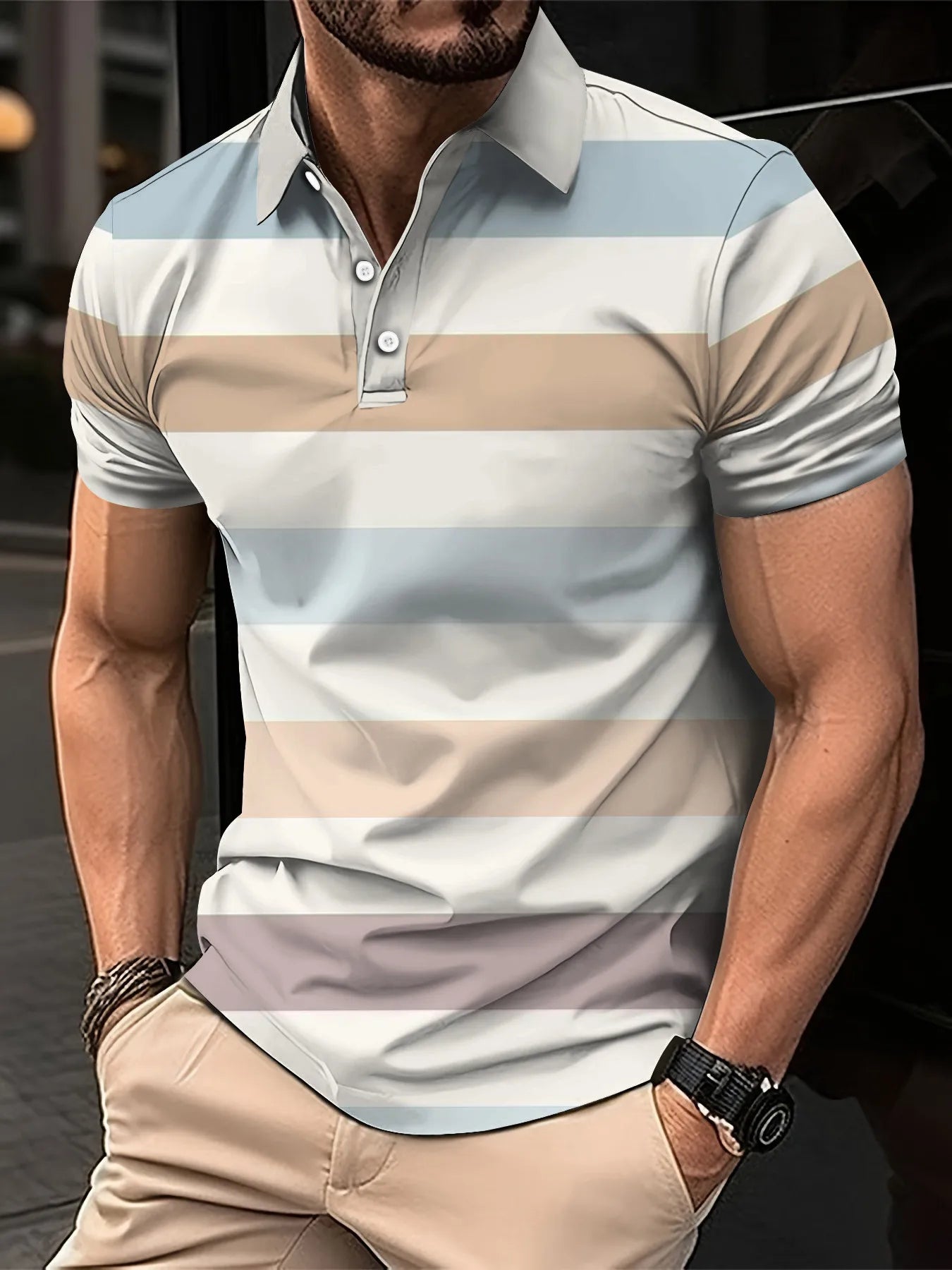 Men's Short Clothes Sleeved Lapel 3D Digital Printed Striped Polo Shirt Summer  Man's Business Casual Top Clothes Oversized