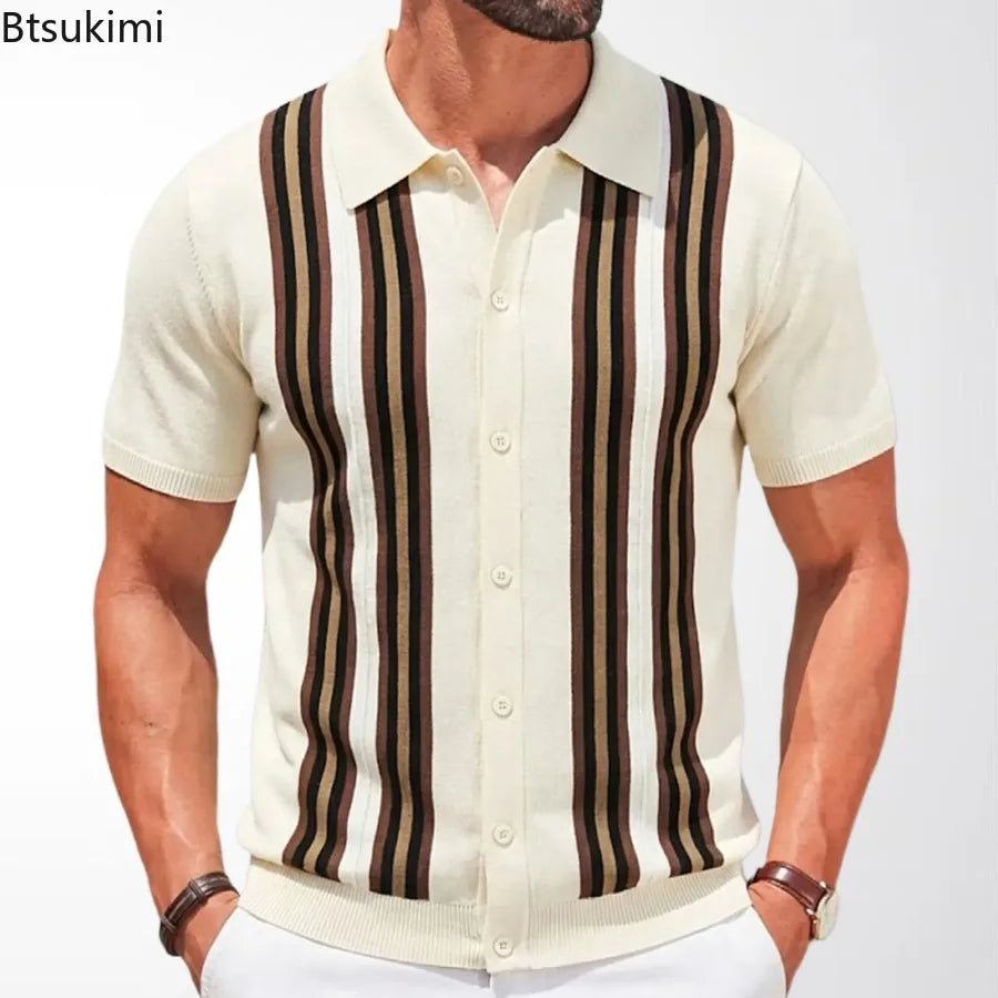 Summer Men Clothing High-end Business Casual Knitted Polo Shirt British Breathable Short Sleeve Jacquard Knit Cardigan Male Tops