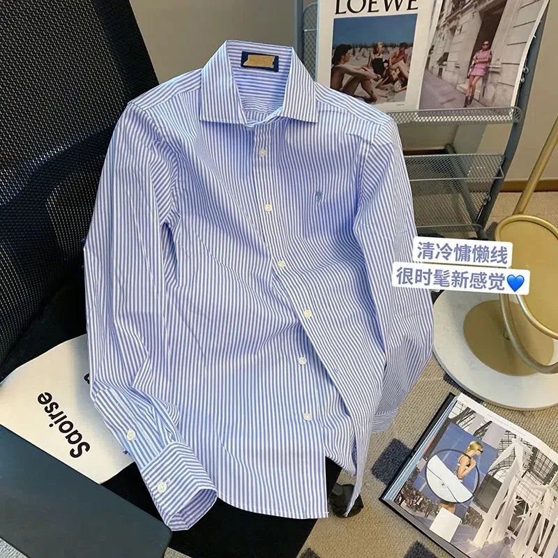 Striped Polo Neck Button Shirt Tops Long Sleeve Loose All-match High Street Blouse Fashion Casual Spring New Women Clothing