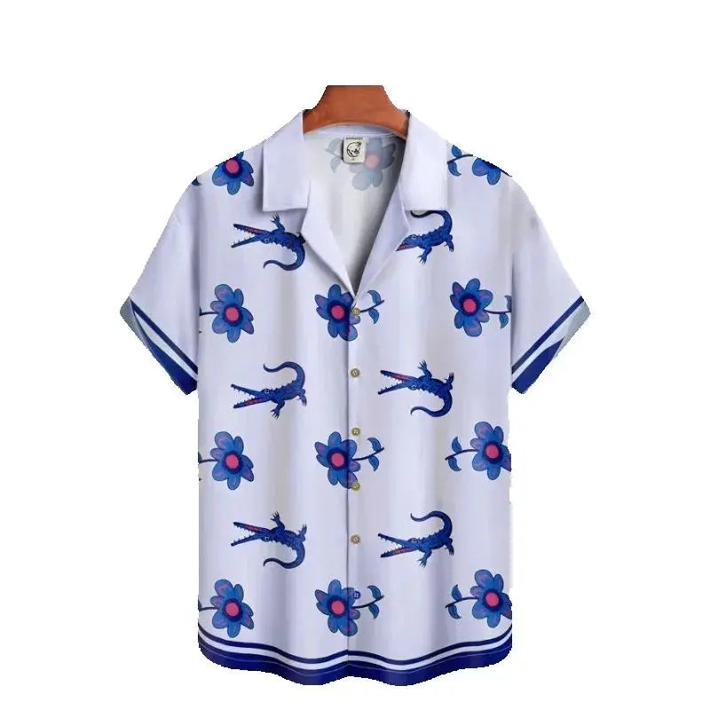 Summer Men Shirt  Street Fashion Daily Hawaiian Shirts  Cartoon Print Casual Loose Short Clothes Sleeve Beach Loose Tops 2025