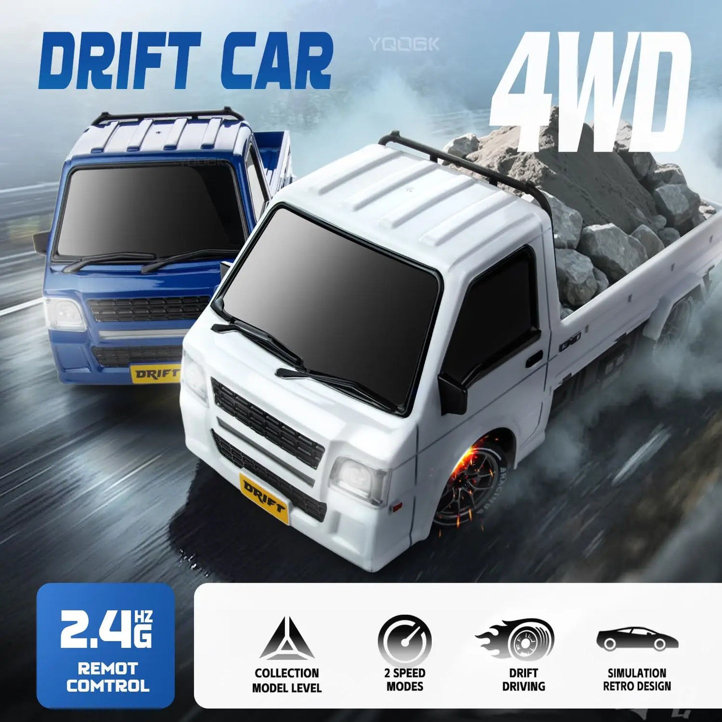 1/24 Remote Control Drift Car, 2.4GHz 20km/h Four-Wheel Drive High-Speed Remote Control Truck, Drift Tires & Dual Battery Racing