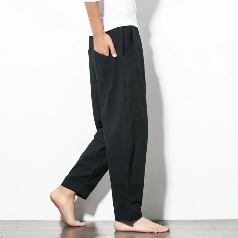 Hot Sale  Men Imitation Linen Harem Pants Mens HipHop Loose Trousers Male Wide Legs Cross-pants Male Joggers Black Pants 5XL